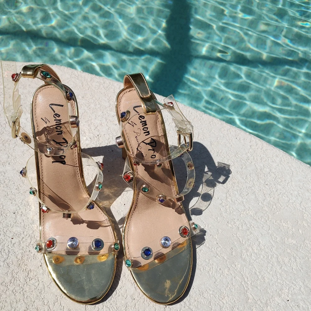 Dainty Minimal Gold Heels With Colorful Stones On Straps - Picture 14 of 14